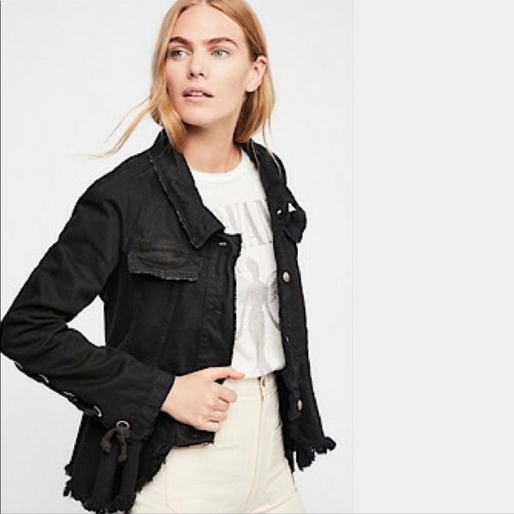 Free People Black Raw-Edge Denim Jacket with Side Tie Details
